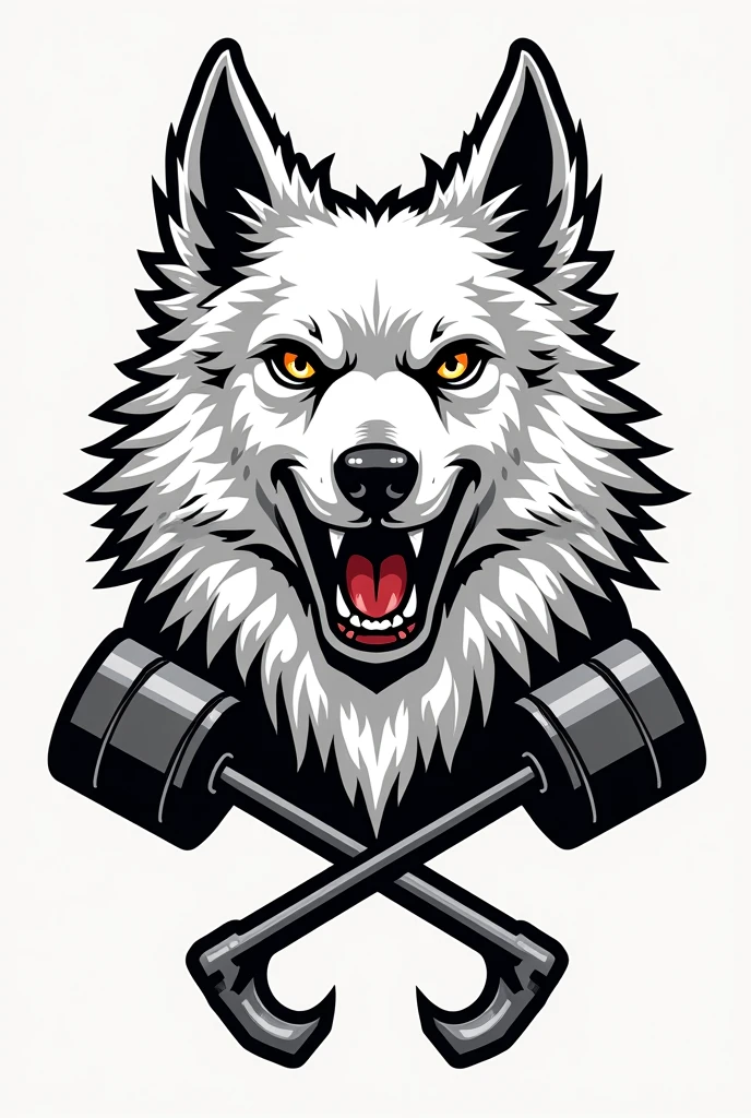 I need a coat of arms for a motorcycle club with an angry white border colie dog in the middle but only his bust, with small wings coming out from behind him on the sides, and two crossed pistons coming out of the bottom of the dog&#39;s head
