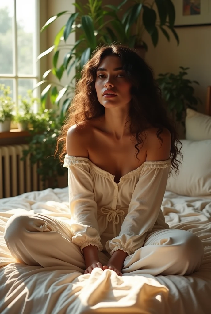 (photorealism:1.2), beautiful woman, sitting on bed, wearing loose off-shoulder top, pajama pants, long curly hair, indoors, soft lighting, plants in background, window with sunlight, cozy room, relaxed pose, realistic, intricate details, warm colors, by Greg Rutkowski, by Alphonse Mucha