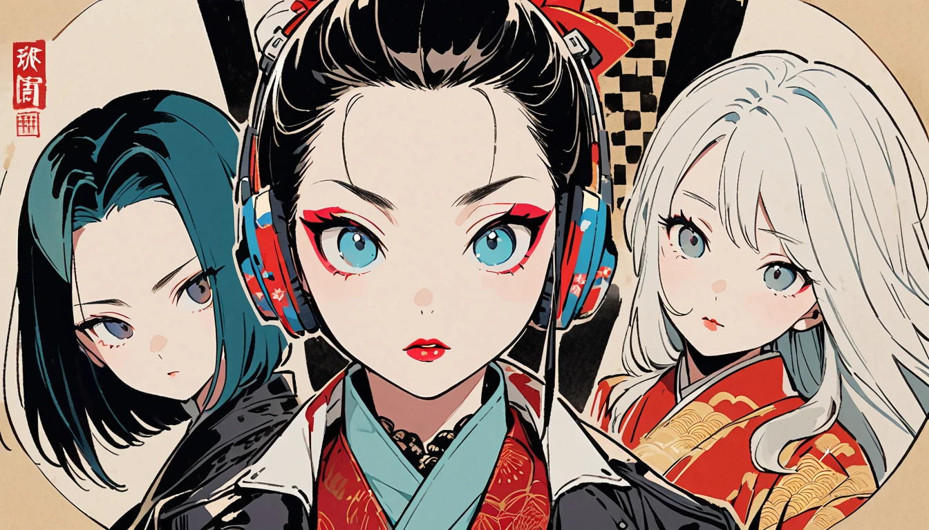 (((Ink Painting))), (((from above))), (((3 women))), (((Leather jacket with Japanese patterns))), (((heavyMetal))), (((Very flashy makeup))), Japanese style headphones, face close-up, front view, Japan人の美少女, Black Hair, Delicate and precise, Modern ukiyo-e style,Japan, Droopy eyes, round face, Glare, Fuller lips, vivid color