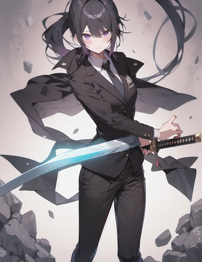 Highest quality　One Woman　tall　Black Hair　Purple Eyes　Wearing a suit　Wearing pants　Holding a sword　ponytail