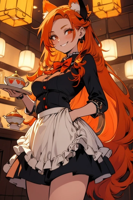 A young orange haired woman with copper eyes and an hourglass figure with orange fox ears and an orange fox tail in a Lolita maid uniform is smiling while serving tea in a fancy maid cafe
