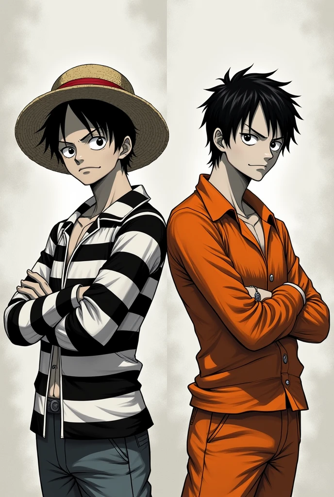 Monkey D. Luffy in a black and white striped long-sleeved prison uniform and Monkey D. .... Luffy in orange long sleeve prison uniform Original anime One Piece