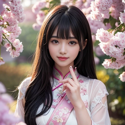 best quality, Delicate face,beautiful visual work, lifelike, eternity, black hair, Long curly hair, blunt bangs, Smile, 在flower园里, flower, Detailed Background, Delicate face,pink blush,cold,((masterpiece))、(top quality)、8k、high detail、Super detailed,2 female,Wearing Chinese cheongsam、Seductive and whimsical style、masterpiece、born、Scenes resembling fairy tale illustrations、intricate details和複雜的設計、Beautifully、magic、capricious、 Beautifully、Dream aesthetics、「𝓡𝓸𝓶𝓪𝓷𝓽𝓲𝓬、ethereal、charming、fickle、magic」、realism、Visual effects、FXAA、SSAO、Shader、voiceless、ambient lighting、Tone mapping、High resolution、Ultra high quality、Million pixels、(8K resolution:1.10)、8k、8k以下、8K resolution、high detail、intricate details, (high quality:1.2、masterpiece:1.2、:1.21)、(2 Female:1.21)、(興奮地Smile)、(Surrounded by a dreamy atmosphere、Model diagram,full-body shot,Normal 2 feet,Don't show your fingers,The fan unfolds under the chin