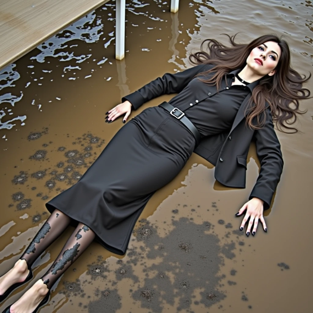 A realistic photo of one slender business goth lady, model-like appearance with long hair. She is dressed in long black business pencil skirt(very torn and very tired and very ripped) made from cotton fabric, black business jacket(torn, muddy, dirty) made from cotton and wool fabric. black business vest, white muddy shirt, stockings, black choker on the neck. She located in very muddy and very flooded office. She sitting on backs leaning on her elbows deep in dirty water and liquid mud, she smears a lot of liquid mud on her black business pencil skirt, jacket, vest, shirt, stockings, face, hair from head to toe. Her skirt and jacket extremely stained and covered with liquid mud, dirt and streaks from it, which has flows down from her jacket, shirt to her skirt, creating a messy and sloppy appearance. The light brilliantly illuminates all her clothes in details, casting small shadows and emphasizing the texture of the liquid mud on her clothes. View angle of the camera from top and rotated in different angle from the business lady.
