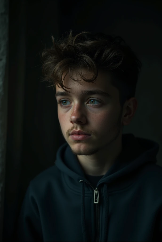 cinematic film still dark background, quality photo,, rounded face boy, gay boy , little beard and hairy, light skin.