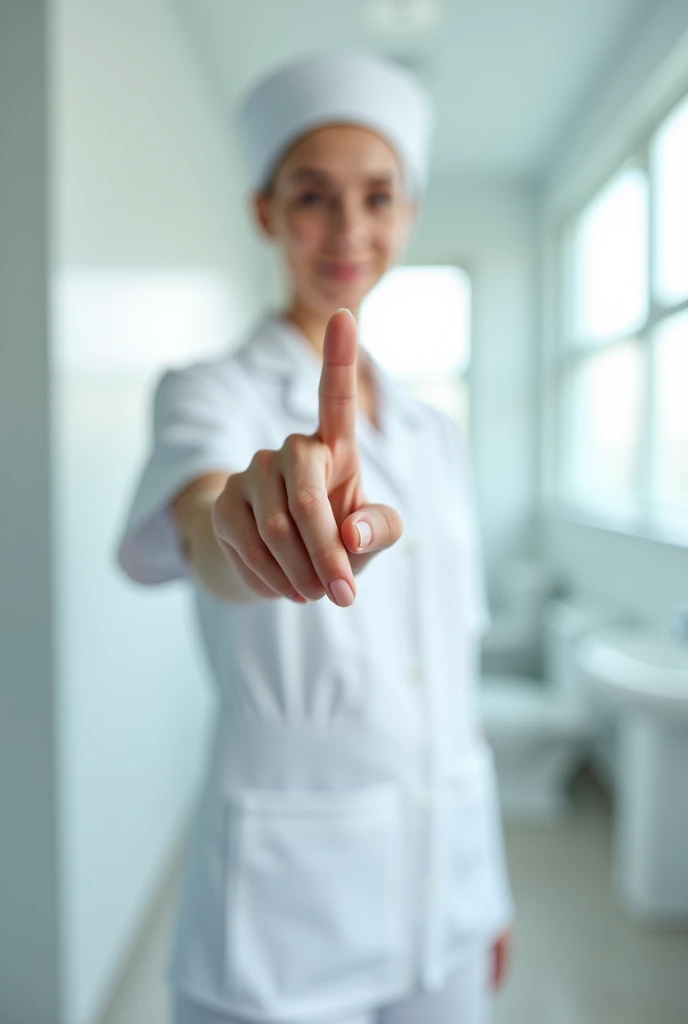 POV, nurse, white uniform, solo finger, bathroom, showing white clean hihina
