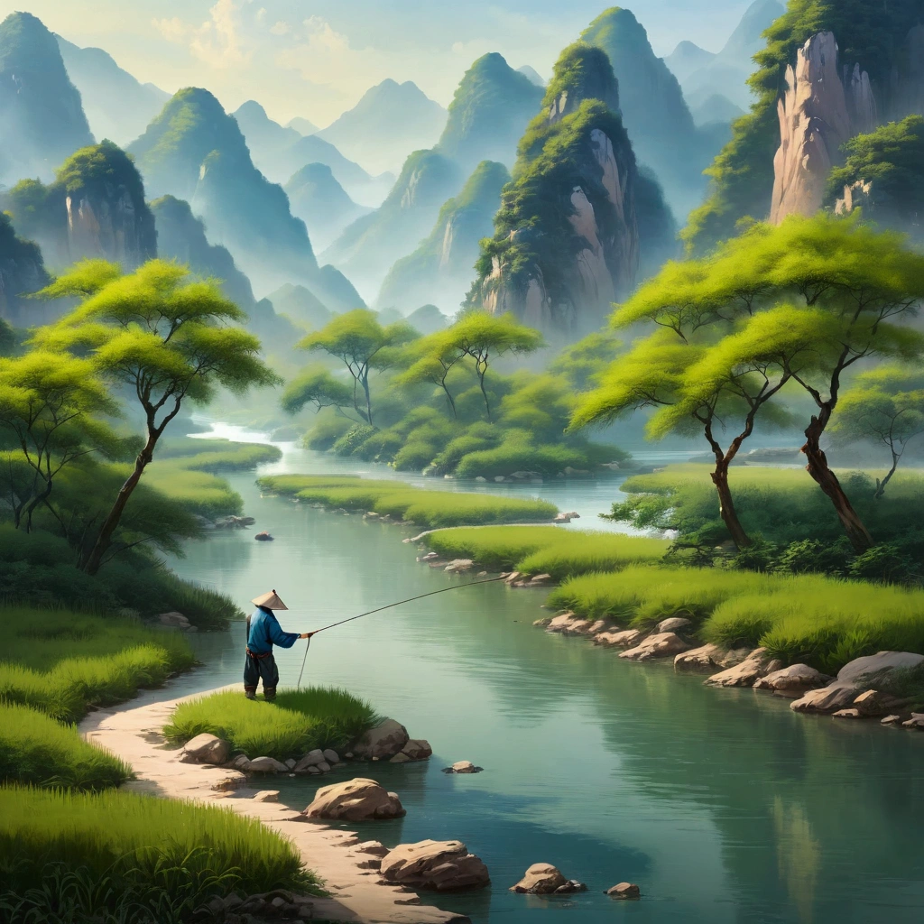 A fisherman fishing in a serene Chinese landscape, detailed mountains, flowing river, lush greenery, traditional Chinese painting style, natural colors, soft lighting