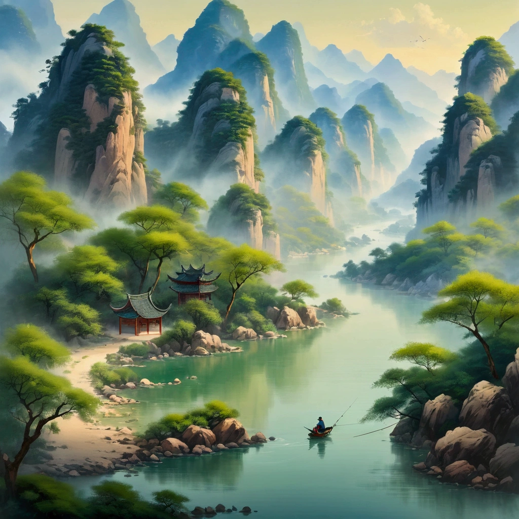 A fisherman fishing in a serene Chinese landscape, detailed mountains, flowing river, lush greenery, traditional Chinese painting style, natural colors, soft lighting