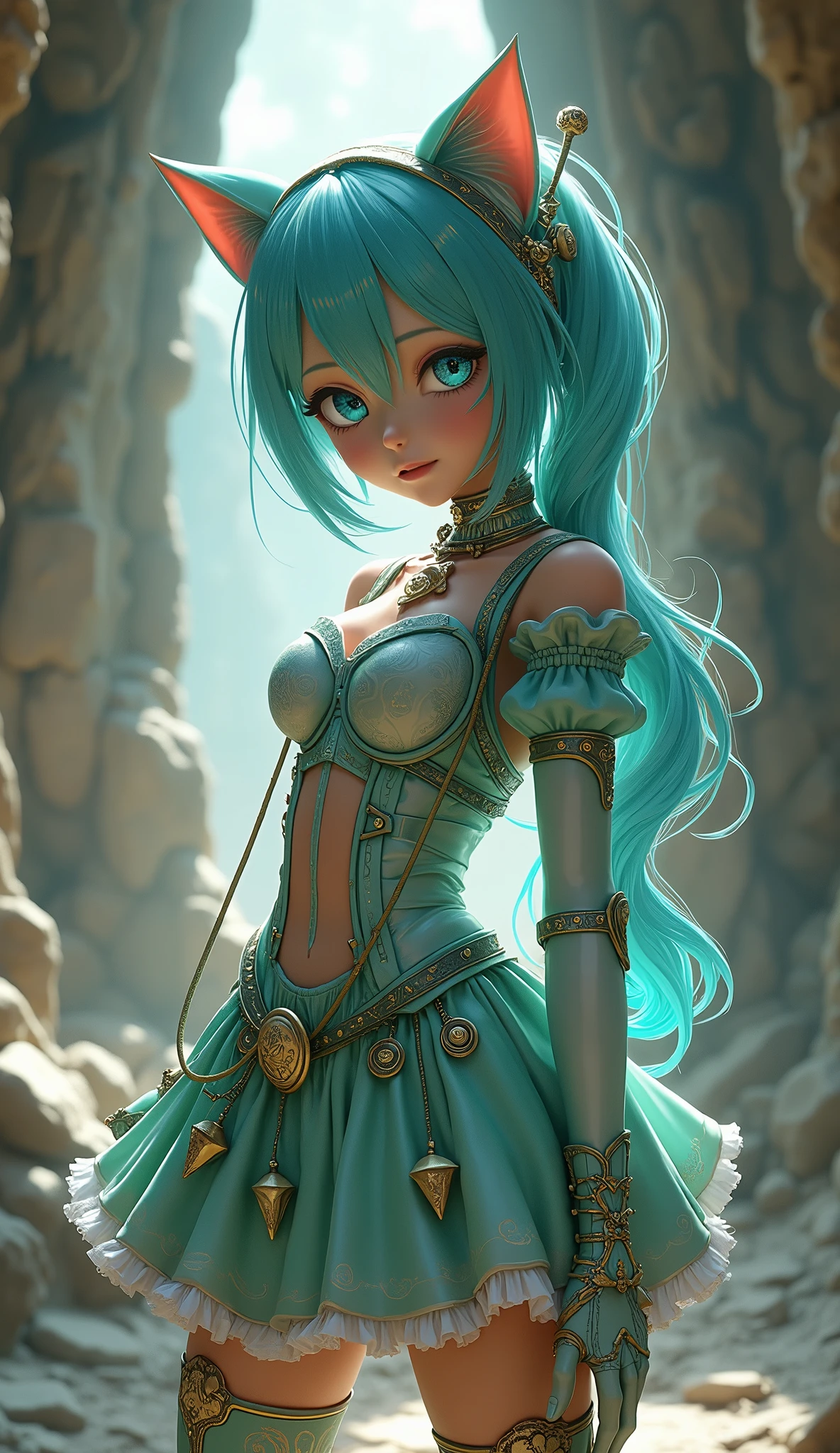 dressed in a costume with a cat ears and a green purse, (belle delphine:1.4) , Anime Girl Cosplay, Anime cosplay,(cyborg white plastic transparent mechanical :1.4), perfect android girl, Decora Inspired, Perfect Android girl family, rena noun style 3/4, (Hatsune Miku Cosplay:1.4) , cosplayer,(background large stones cave cavern :1.4), kawaii decora rainbowcore, cosplay, anime girl in real life, ulzzang, ,(Ruined dungeon ruins background:1.4 ), epic fantasy art style hd, 4K fantasy art, epic fantasy digital art style, epic fantasy art style, Fantasy Woman, epic fantasy art portrait, Epic fantasy style, hyperrealistic fantasy art, hd fantasy art, epic fantasy character art, epic fantasy art, in style of dark fantasy art, epic fantasy digital art, (detailed perfect anatomy :V2.1),( cowboy pose :1.4), (face detailed :1.4), (cinematic lighting :1.4), (bright colors)
