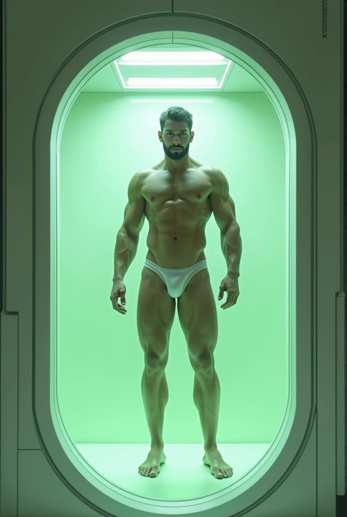 Culture pods filled with a pale green liquid、male、muscle、Thick arms、Thick legs、Bikini pants。