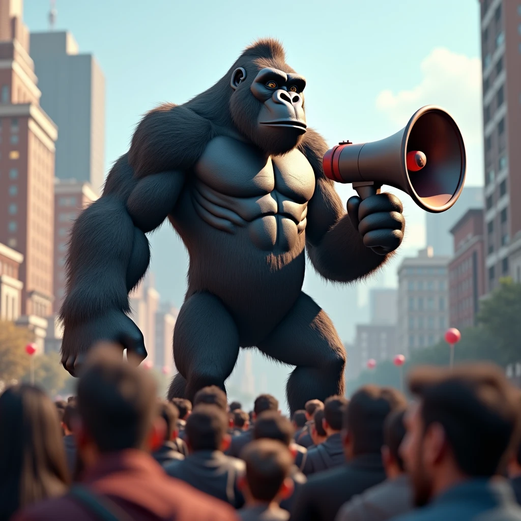 3D Animation、Gorilla calling out to the crowd、Holding a megaphone