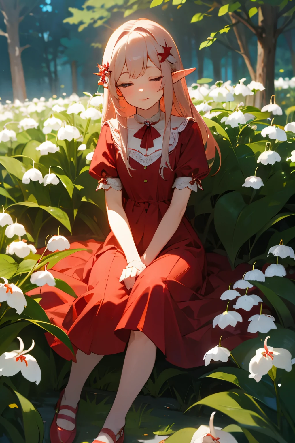 Photorealistic、(Red dress、Elf、sleepy、Mouth slightly open、hair ornaments、Sitting、Cute Shoes)、Lily of the valley hill、night
