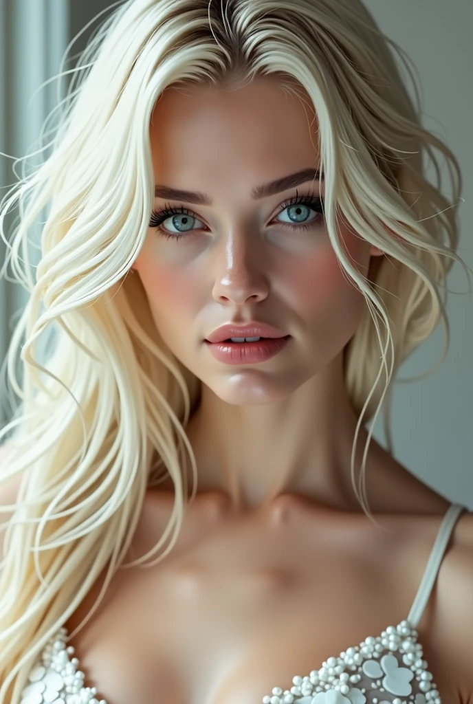 A beautifull realistic white woman looking at the camera