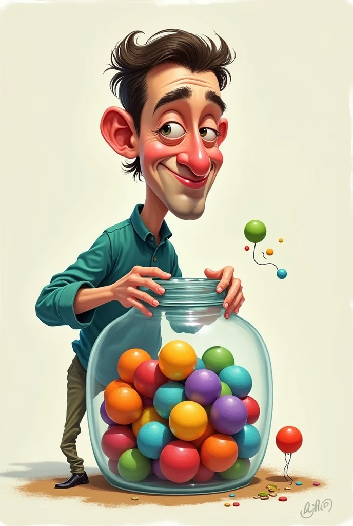 Organizing balls inside a jar, where the pot is life and the balls are human feelings, make caricature