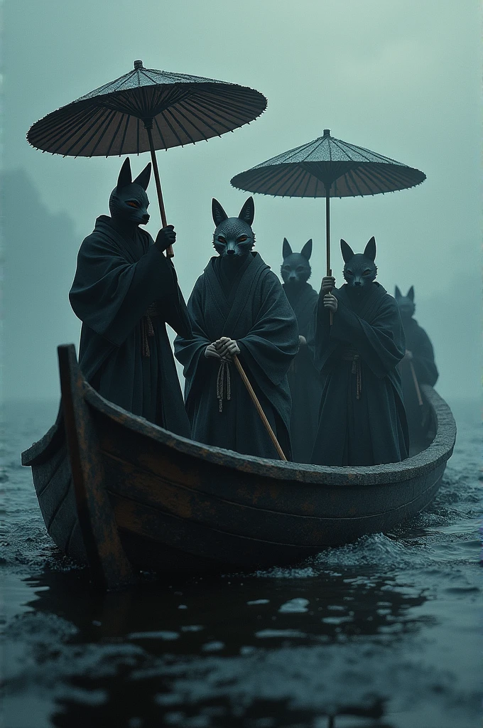Japanese people wearing kitsune masks on a boat with umbrella in cold and dark weather.