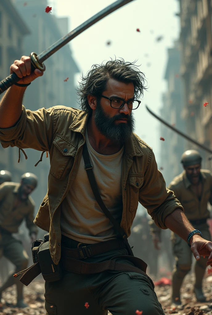 Young man, hairy, with glasses and beard, killing zombies in the zombie apocalypse with a katana