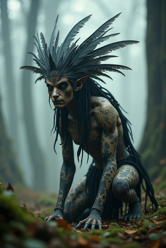 Generate a highly detailed and atmospheric scene of a mystical forest creature crouching in a misty woodland setting. The creature has an otherworldly appearance, with intricate body paint resembling cracked earth, and wears elaborate feathered adornments, including a headdress made of dark and light feathers. The creature's face is partially masked, with sharp, angular features and intense, almost haunting eyes. The environment around is dense with fog, with tall trees and a moody, ethereal ambiance, emphasizing the creature's connection to the mystical forest.