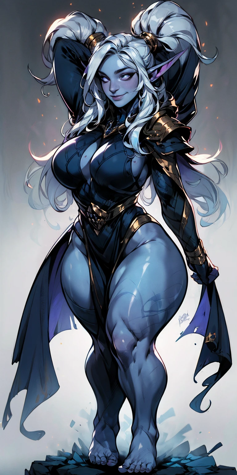 Character: Female Chest covered (presumably by clothing) Smiling Skin: Gray and purple with interesting mottling or swirling patterns (optional) Hair: Pale golden, flowing and well-maintained (or styled in a specific way if you have one in mind) Eyes: Violet, sparkling with amusement (or another emotion that fits your vision) Attire: Prefers white and silver clothing, with intricate details or embroidery (optional) Deep blue or purple cloak (optional), lined with a contrasting color for a touch of elegance (optional) Pose: Standing tall and straight, with her feet shoulder-width apart and arms relaxed at her sides. This pose will showcase her full figure from head to toe in a symmetrical manner. Background: Plain (or a subtle gradient if you want to add a touch of depth) Image details: High resolution Very detailed (including the clothing, with flowing fabric and realistic textures) Additional details: Full-figured and voluptuous (emphasizes her curves without being vulgar)