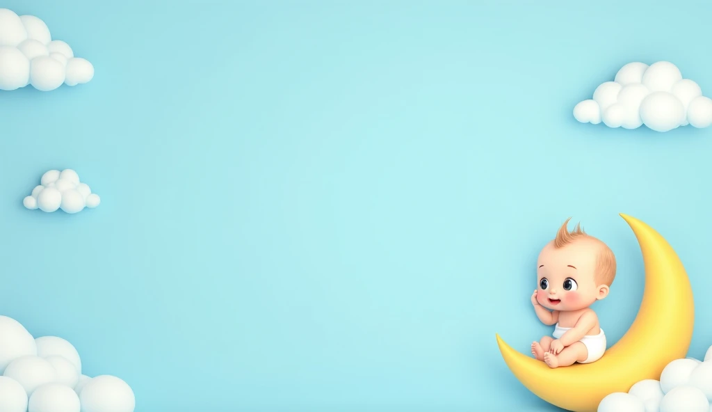 an image for slide, with baby blue background, in the upper left corner a detail of clouds well . In the upper right corner details of clouds with a baby sitting on a moon.
somewhat animated not realistic. 2d

