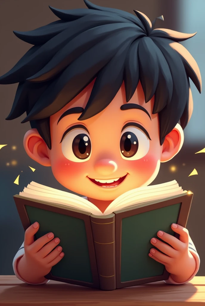 close up, front view pixa animation style of a boy reading a book