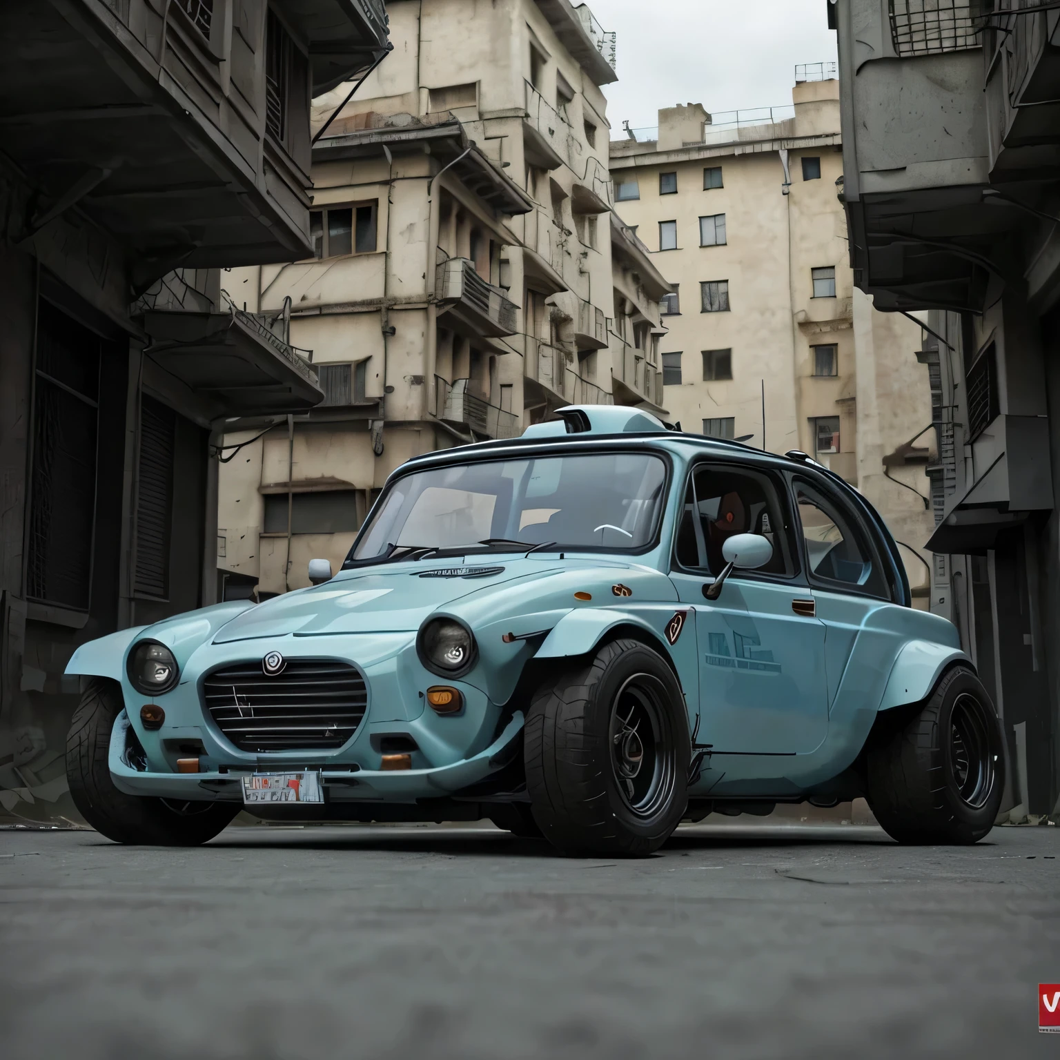 GoPro Shot From One (Cyberpunk Alfa Romeo vintage tuk-tuk), 3/4 Vista Frontal, Wide-angle action shots, Post-apocalyptic, 屋outside, evening, path, destruction,  De-airing, outside, City wall in background, Master Parts, Realistic, 8k, Attention to detail, Dark Theme,