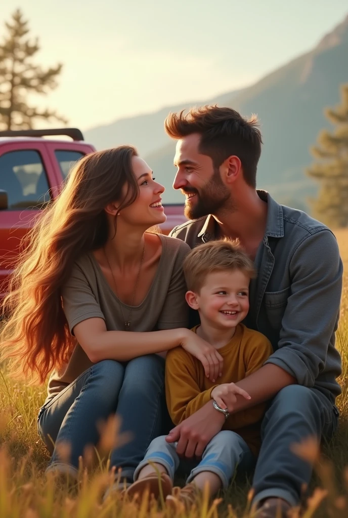 A happy family consisting of a brown-haired father, a mother with long brown hair, with her blonde daughter and her son, in a beautiful landscape with his red Dodge RAM pickup truck in the background