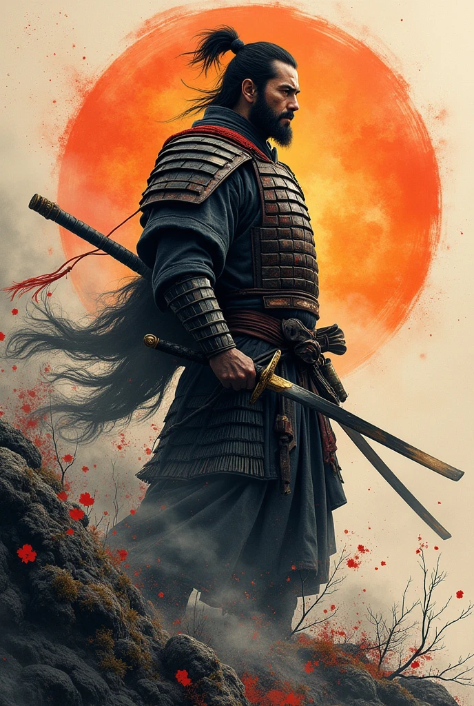 Japanese ink drawing, in the style of samurai legends, intricate brushwork,, realism, realism, Very detailed, Dynamic. cinematographic, stunning, realists, Lights and shadows, dramatic, stunning, that add to the natural atmosphere . 200mm lens, opening f/4, Iso 800, shutter speed 1 / 500s, white balance set to cloudy. , realist, highly detailed ar ar 24: 37 styl stylize 750 vv 6, setting sun --ar 71:128