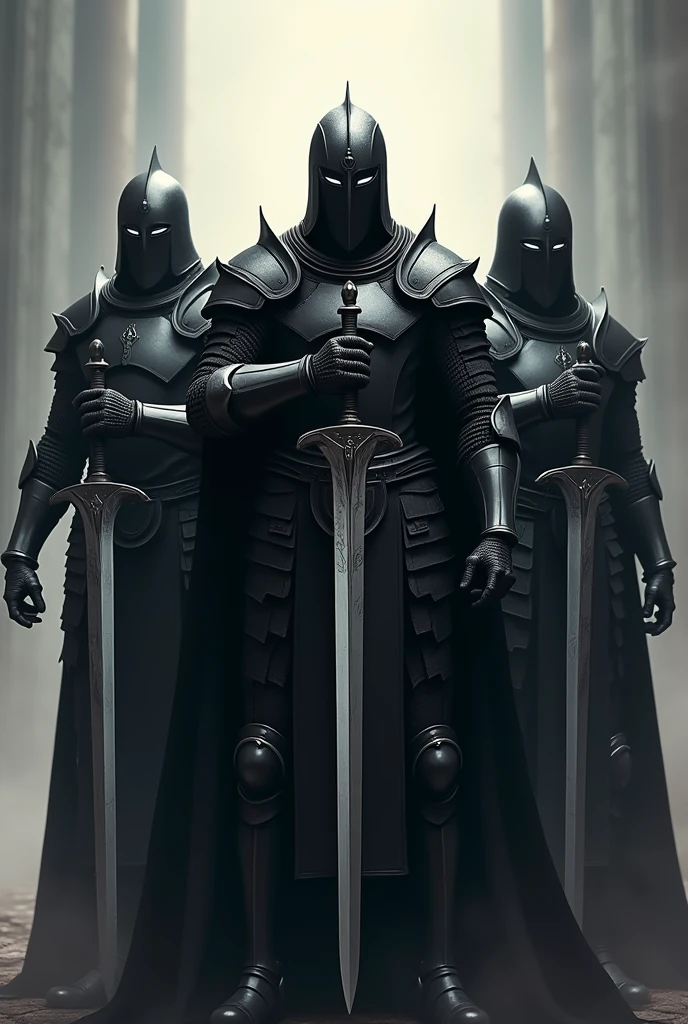 Three people in black armor taking swords
