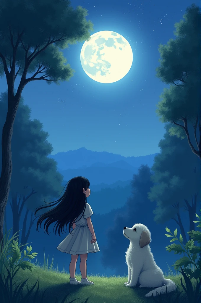 A serene night scene where a girl with long, flowing black hair stands in a peaceful natural setting. She is gazing up at a large, glowing full moon in the sky. Beside her is a small, fluffy white puppy, sitting quietly and looking in the same direction. The background features a mix of tall trees, soft grass, and distant hills, all bathed in the gentle light of the moon. The overall atmosphere is calm and magical, with a soft breeze slightly moving the girl's hair and the leaves on the trees."