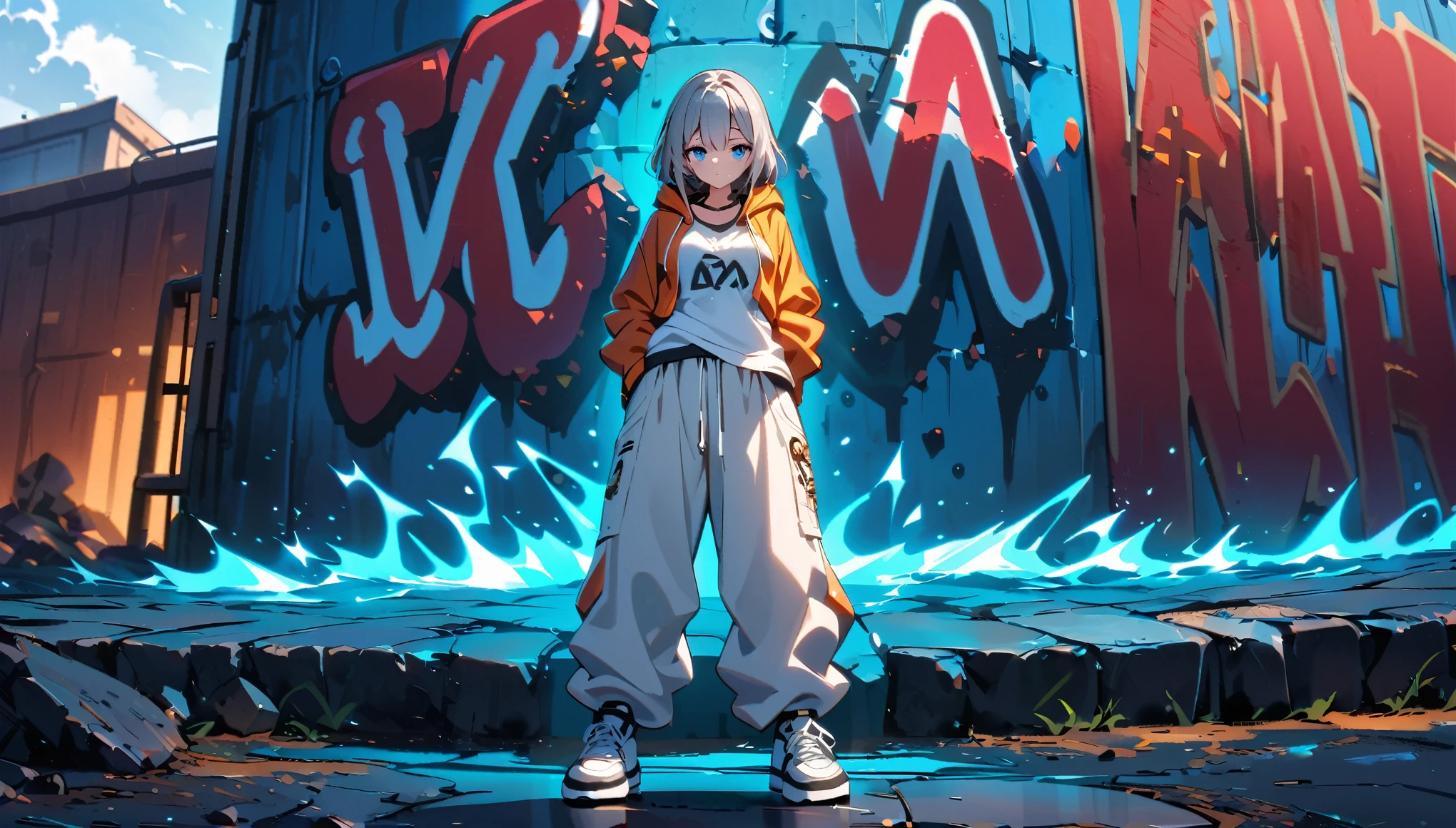 HD 8k Handsome Sexy Cute, Lonely, 1 female, Medium length hair, Gray Hair, blue eyes, hoodie, Hip hop style large white tank top、White big pants, White sneakers, human center, Outdoor, HD 8K Graffiti Popular Spray Art Wall,  Stand in front with your back to the wall, White headphones