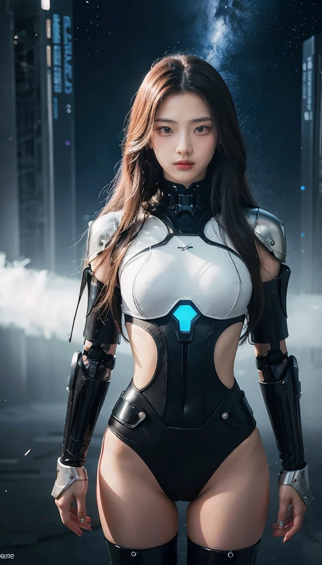 studio photo, beautiful woman perfect body half robotic half metal with iridescent black shimmering hair, standing alone, particles in the air, god rays, stars in the background, intricate fractals, detailed, (illustration) fragreality tech, universe, scifi, shattered reality , refractions, space time , clock, giga woman, silver glowing hair , strange fantasy image, odd glowing rocks, beautiful, detailed, long flowing hair, medium breasts, great skin texture