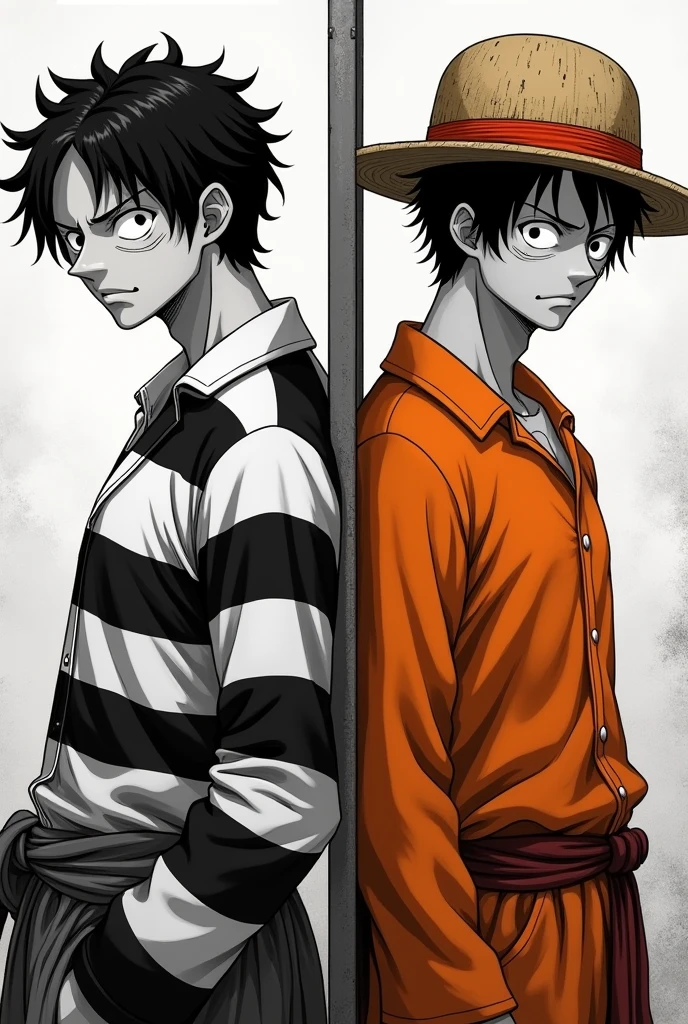 Monkey D. Luffy in a black and white striped long-sleeved prison uniform and Monkey D. .... Luffy in orange long sleeve prison uniform Original anime One Piece