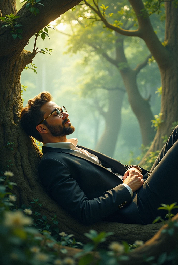 Man wearing big gold glasses sleeping on a tree