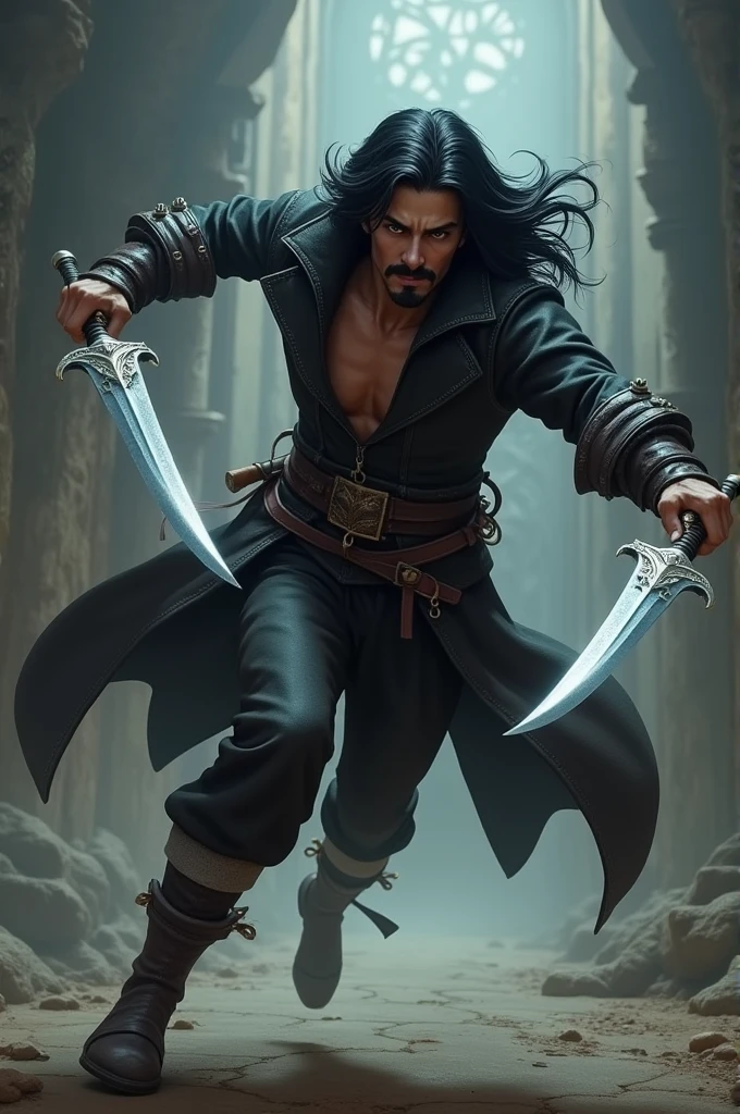 Crie uma imagem de um ladino baseado no mundo de d&d , human race jumping to attack with a dagger in each hand.
Appearance: cabelos longos e negros, Mustache and goatee, athletic body.