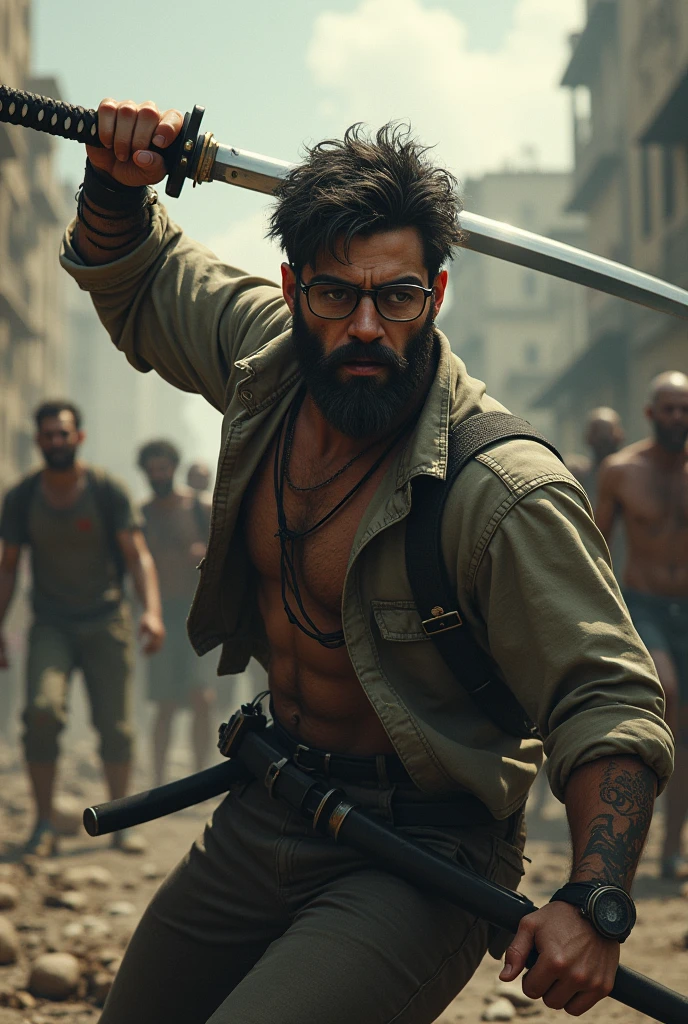 Young man, hairy, with glasses and beard, killing zombies in the zombie apocalypse with a katana