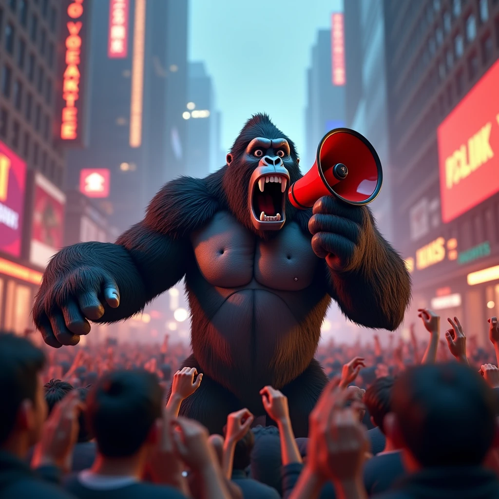 3D Animation、Gorilla calling out to the crowd、Holding a megaphone、Mouth open