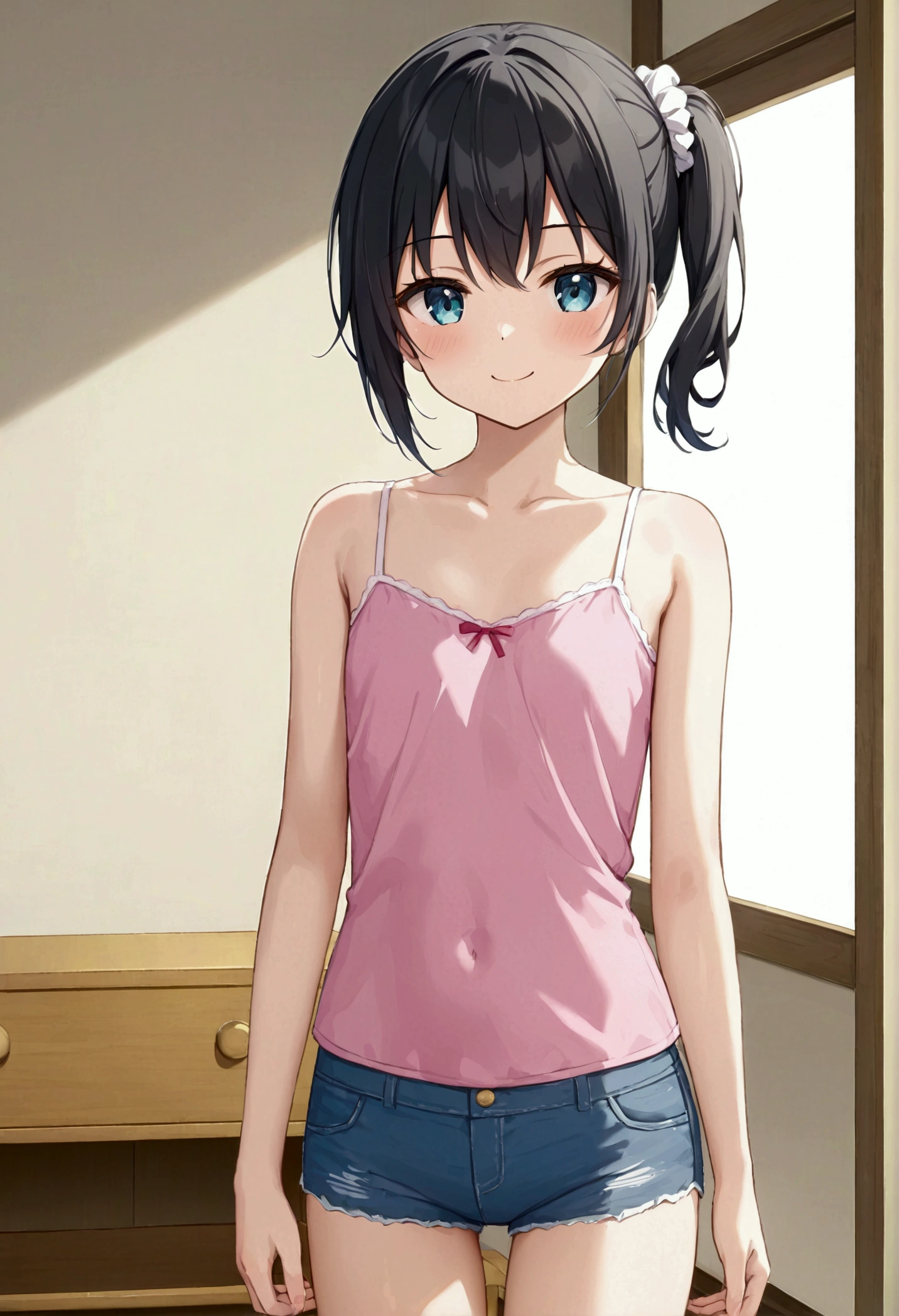 高いquality illustration, masterpiece, Very delicate and beautiful, masterpiece, Highest quality, High resolution, Very detailed, Perfect lighting、1 female、(Short side ponytail hair)、Black Hair、Flat Chest、White scrunchie、smile、Pink camisole、Jean Shorts、Japanese-style room、