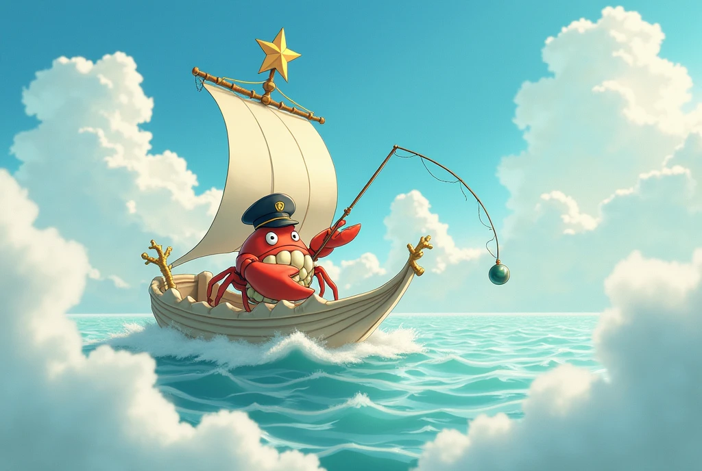 Ghibli Studio style, a crab navigates a giant pearly-white seashell, sailing across a sky filled with fluffy cotton-candy clouds, the seashell has a majestic mast made of coral, and a bright golden star shines as its sail, catching the gentle breeze, the crab wearing a captain's hat, holds a fishing rod made of seaweed, its line trailing in the clouds below.