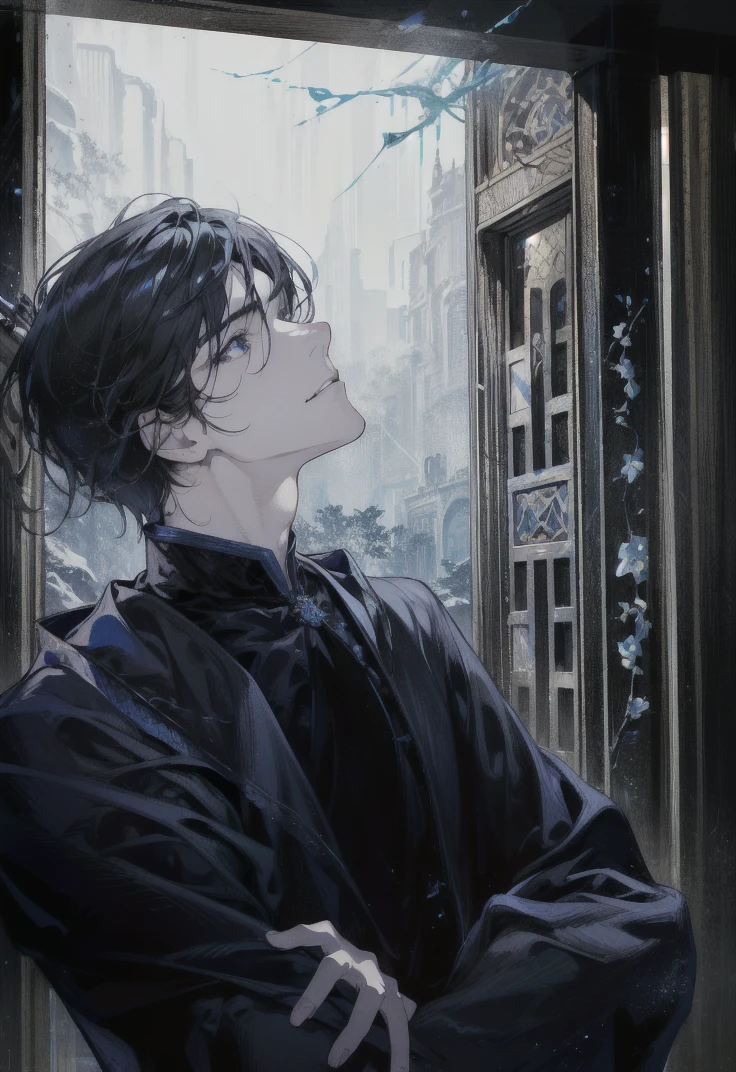 (absurdres, highres, ultra detailed), 1 male, adult, handsome, tall muscular guy, broad shoulders, finely detailed eyes, dark color hair, fantasy, complex pattern, detailed face, throne, magic effect, best ratio four finger and one thumb, ice, bitter cold, cold snap, smile, (dutch angle), closed mouth