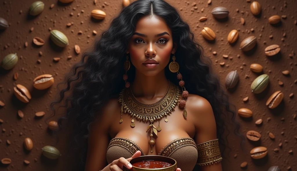 ultra-realistic Mayan goddess IXCACAO light brown and fuller skin, soft long wavy hair, Mayan accessories around the neck holding a bronze bowl with melted cocoa inside, dark-skinned goddess with full breasts resembling the cocoa fruit, chocolate goddess, of fertility, of abundance and agriculture. in the background cocoa beans and melted cocoa, convey depth