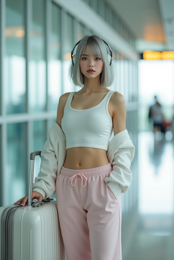 RAW photo, best quality, masterpiece, photorealistic, best lighting, 20 years old, detail face, detail eyes, light gray eyes, light gray hair, short straight bob cut, Symmetrical eyes, huge breasts, Headphones, white crop top, bare midriff, pale pink wide sweatpants, silver handbag hanging from large white suitcase, airport lounge, standing and posing, full body