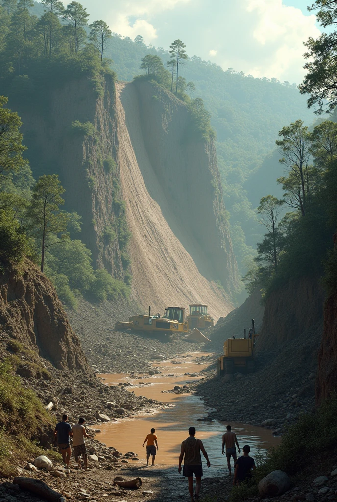 Picture a town located at the foot of a hill devoid of vegetation and life due to deforestation. At the top, the hill shows a landslide that destroyed the houses below it. Around the hill, put an image of a bulldozer cutting down trees, trees that have been cut down, and barren land. At the bottom, add the image of muddy water flowing from the hills to the city, cause flooding. The image of helpless humans in the face of this disaster can be shown in a state of panic or trying to save themselves and their property.