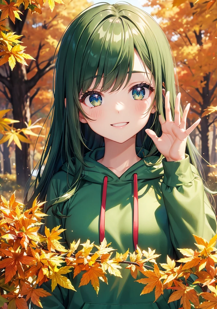 Dark dark green hair color emphasis, front view, upper body visible, hands wide open to show to us, waving pose, beautiful 5 fingers, (dark dark dark green hair color emphasis), long straight hair, cute shape is round (droopy) eyes, blue eyes, kind, young cute face, vermilion hoodie, star pattern on hoodie, shy, smiling without opening mouth, big golden star earring, golden hair clip, sparkling eyes, autumn foliage road, face focused, fresh smile, green floral pattern hoodie, (high quality, golden #5 earring, droopy eyes, blue eyes, close-up of face), small breasts, hands, shadowless background High quality, Focus on face.