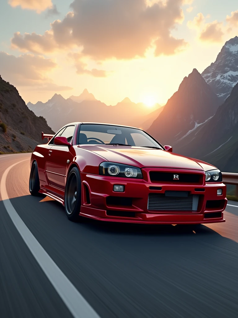 A stunning 4K wallpaper featuring a sleek blue Nissan Skyline GT-R (R34) racing down a winding mountain road. The car's body is painted in a vibrant red hue, with the sun setting behind it, casting a warm golden glow on the vehicle. The background showcases a breathtaking mountain range, with a mix of soft clouds and a vibrant orange sky. The overall effect is a captivating blend of speed, power, and natural beauty.