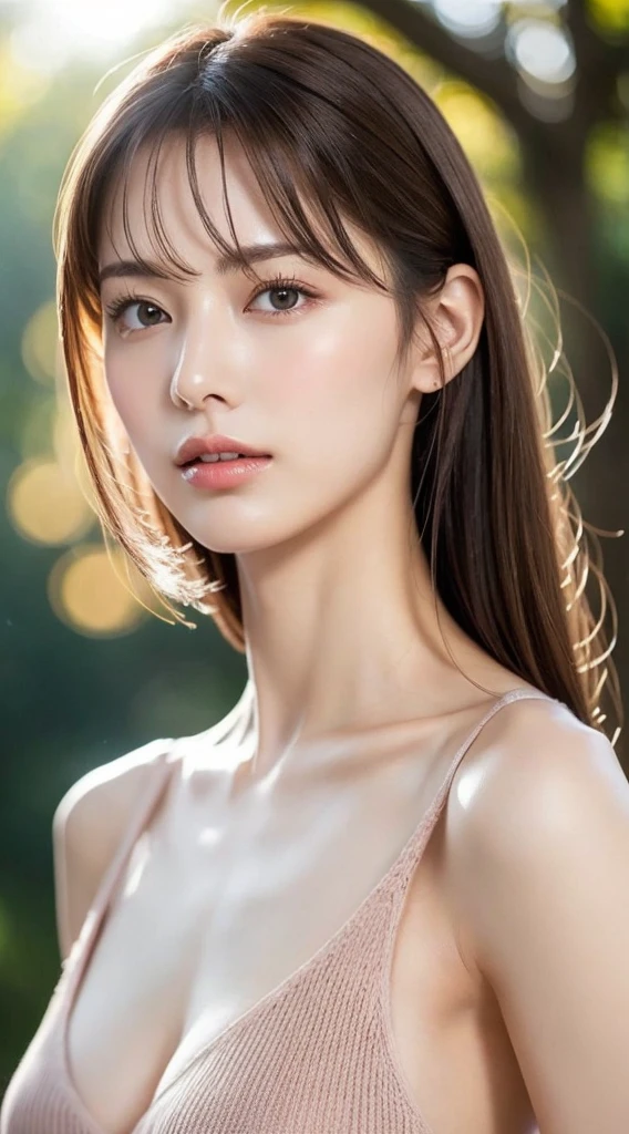 1 Female, Show off your sexy neck and collarbone by putting your hair up. , Erotic half-open lips、Beautiful, lustrous, fair skin、Autumn evening、Backlight、Dark brown knit sleeveless top 、Big Breasts、The background is beautiful autumn、Light brown hair, Blunt bangs, Hair behind the ear, Hair that falls over the shoulders, Long Hair, Slim figure, Thin face, Delicate lips, Beautiful Eyes, Light blush, eyes are light brown, Perfect glowing skin, Perfect Skin, Shining Sweat,Ultra-thin needle, Very thin fingers, The optimal ratio is four fingers to one thumb, (Realistic:1.3), . First Person View, Super Detail, high quality, 最high quality, High resolution