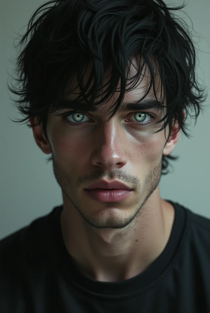 A medium-sized man with black hair and white eyes.