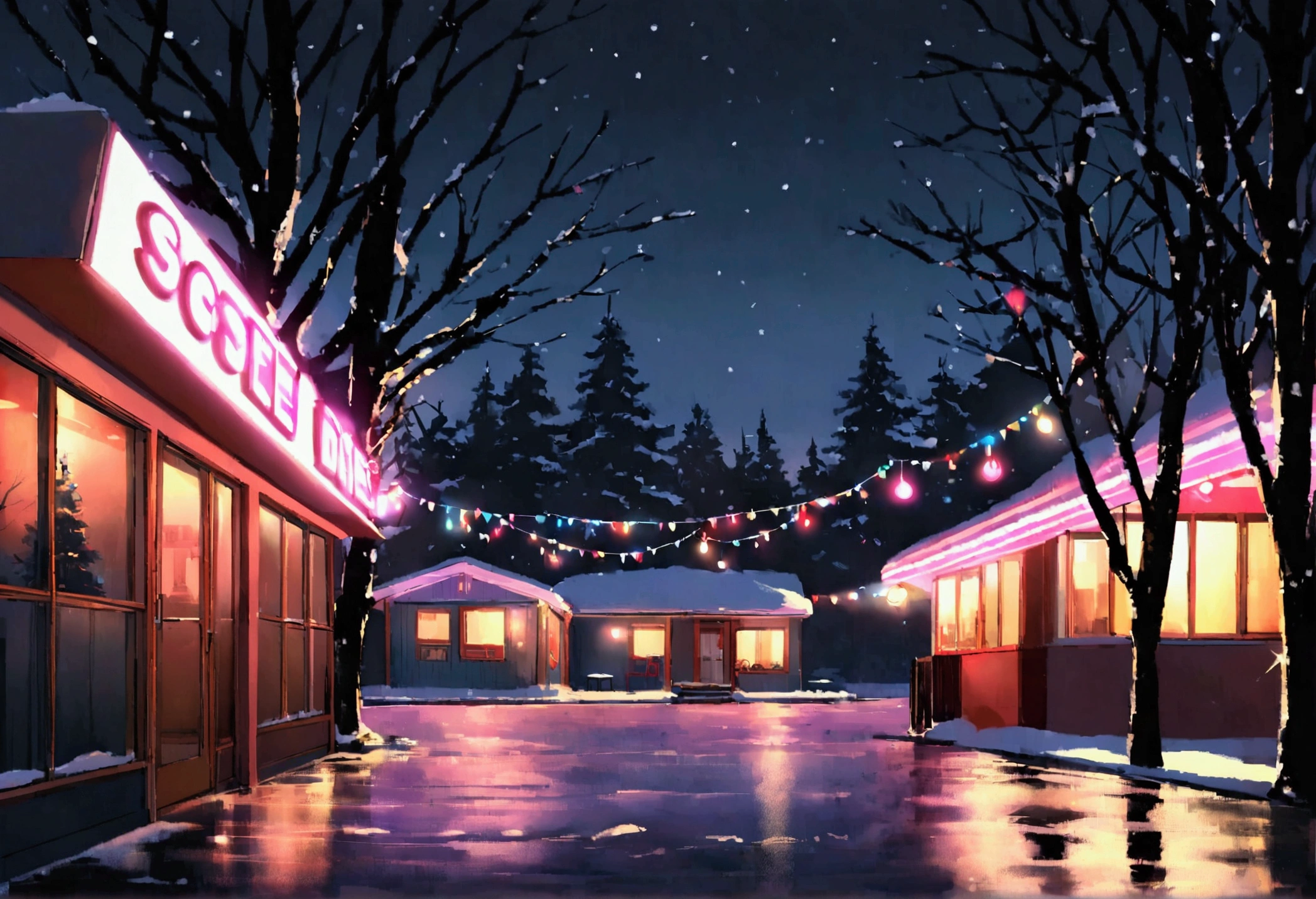 A highly contrasted black and white photo of a cozy retro diner with a glowing neon 'COFFEE' sign on a cold winter night. The diner is decorated with colorful string lights, and the soft glow from the windows illuminates the snowy street outside. A small, empty street with wet pavement reflects the lights, and there is a 'Speed 30' sign. In the distance, a small motel with a neon sign can be seen. The atmosphere is calm and serene, with snow-covered trees in the background and a peaceful, nostalgic vibe.