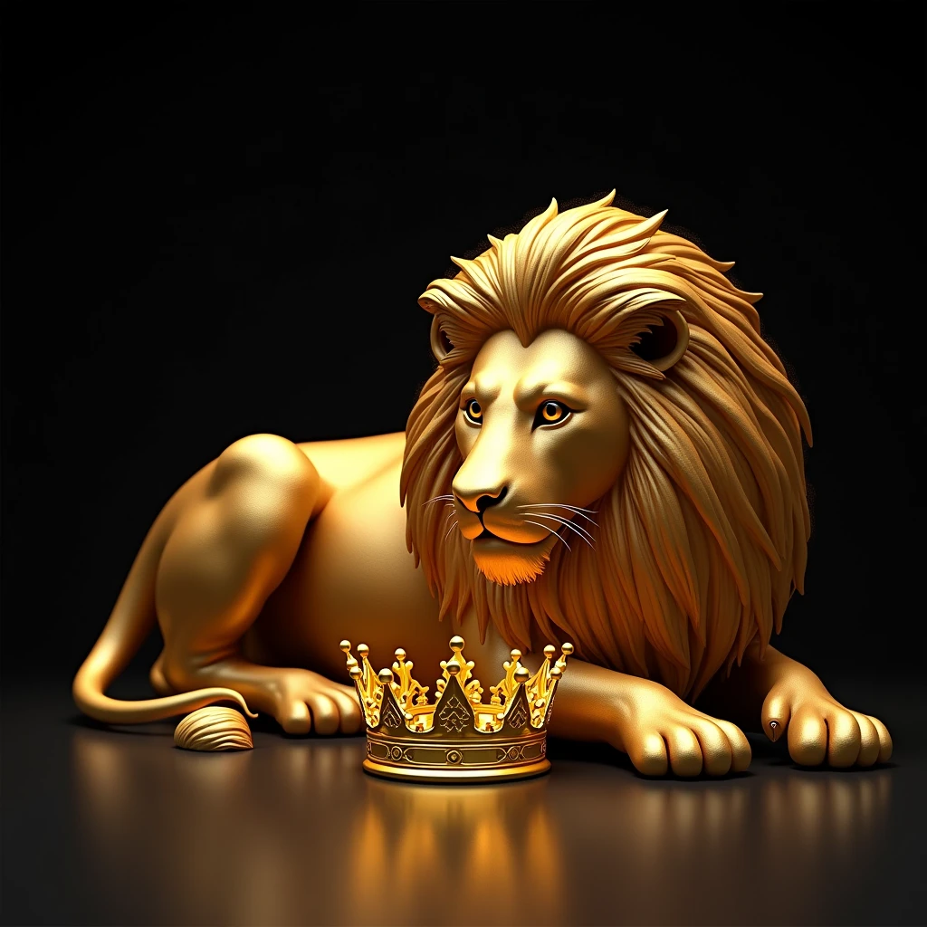 create a golden lion on its side looking at a golden crown both are on a black background