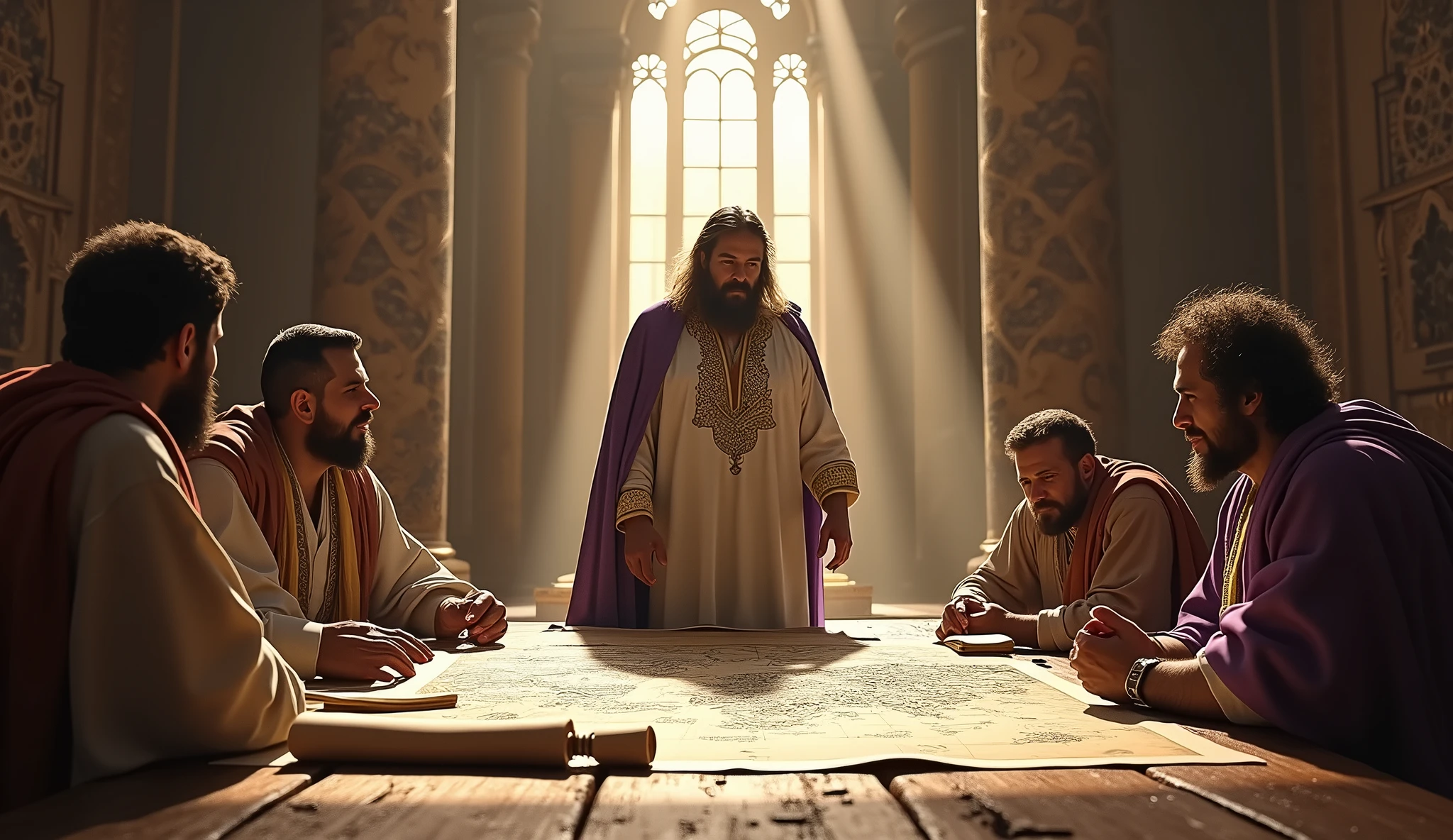 Crie uma imagem hiper-realista e misteriosa de Solomon em uma grande sala de planejamento dentro de seu palácio, where he is surrounded by advisors and strategists. On the old wooden table, there are maps, scrolls and miniatures representing different investments – such as land, Maritime trade, cattle and precious metals. Solomon, dressed in a white linen tunic embroidered in gold and a purple cloak, is pointing to different areas on the map, while his advisors, dressed in simple tunics and cloaks, listen carefully. Golden light coming through the tall windows illuminates the scene, symbolizing the wisdom and planning needed to diversify investments, maximizing opportunities and minimizing risks.
