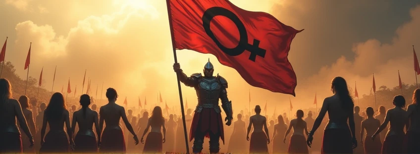 crie uma imagem de um guerreiro segurando uma bandeira com este símbolo ♂ estampado nela,  winning a war with defeated women around him